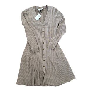 NWT Lucky Brand Ribbed Fitted Button Down Sweater Dress Brown mocha Large